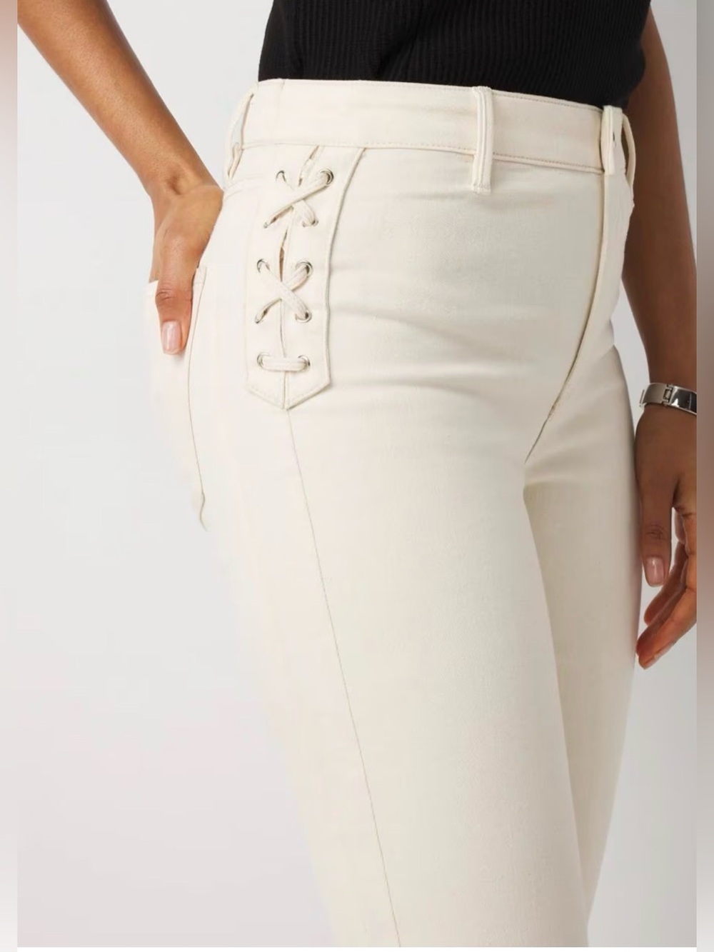 White House Black Market Lace-Up Detail High Rise Bootcut Jean Beige Size 8R NWT